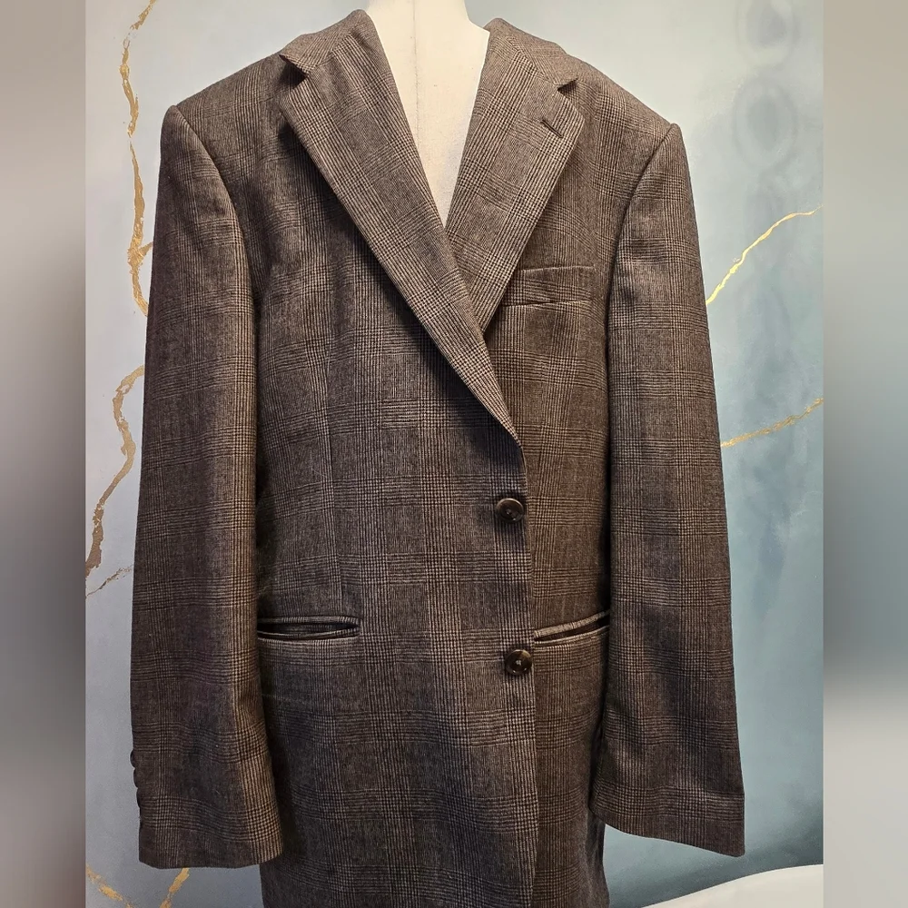 Vintage Chaps Ralph Lauren Men's Tan Brown Glen Check Plaid Blazer Jacket *42R